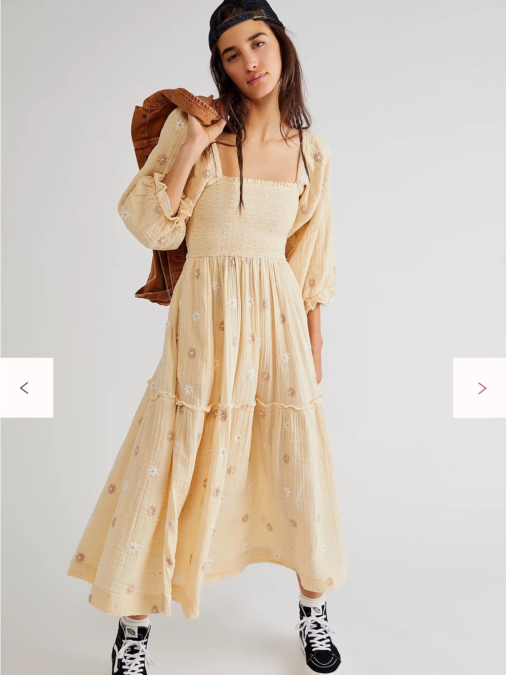 Free People Dahlia Smocked Midi Dress in with Floral Embroidery